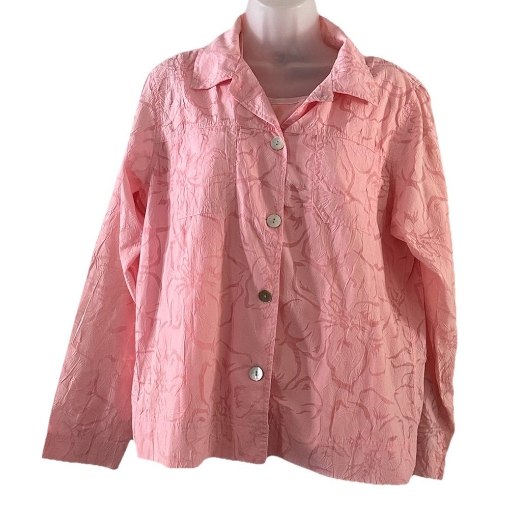 Denim & Co 2-Piece Pink Floral Burn Out Button Up Shirt and Tank Set Cami Medium
